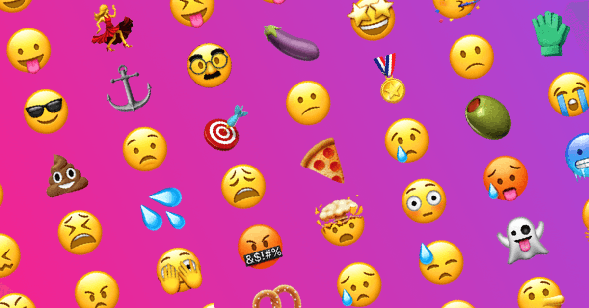 How emojis are shaping the way we communicate. A range of emojis on a gradient pink/purple background.